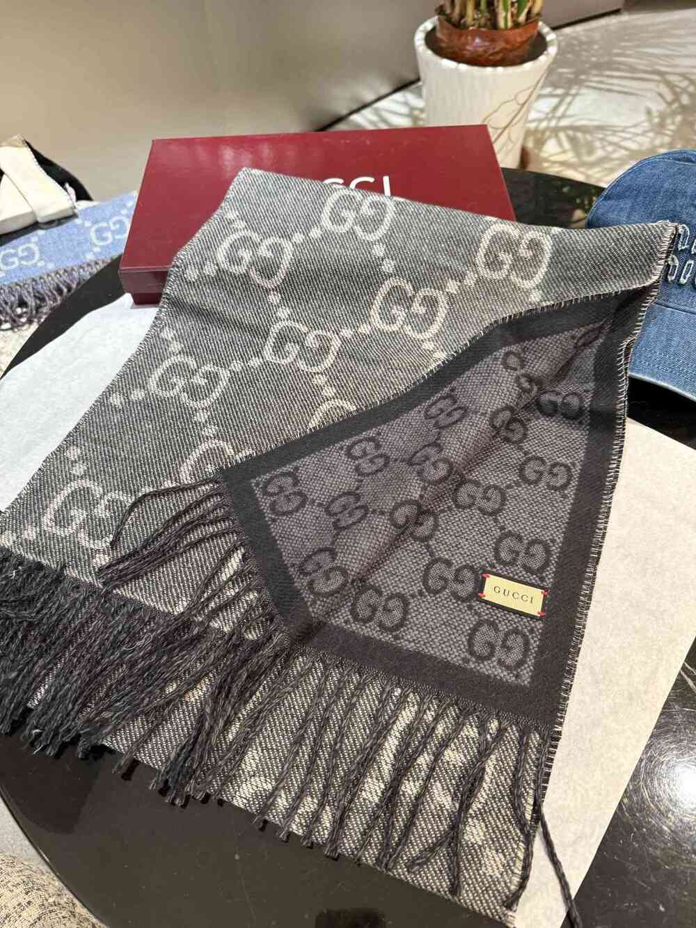 Gucci Grey & Black GG Monogram Fringe Scarf